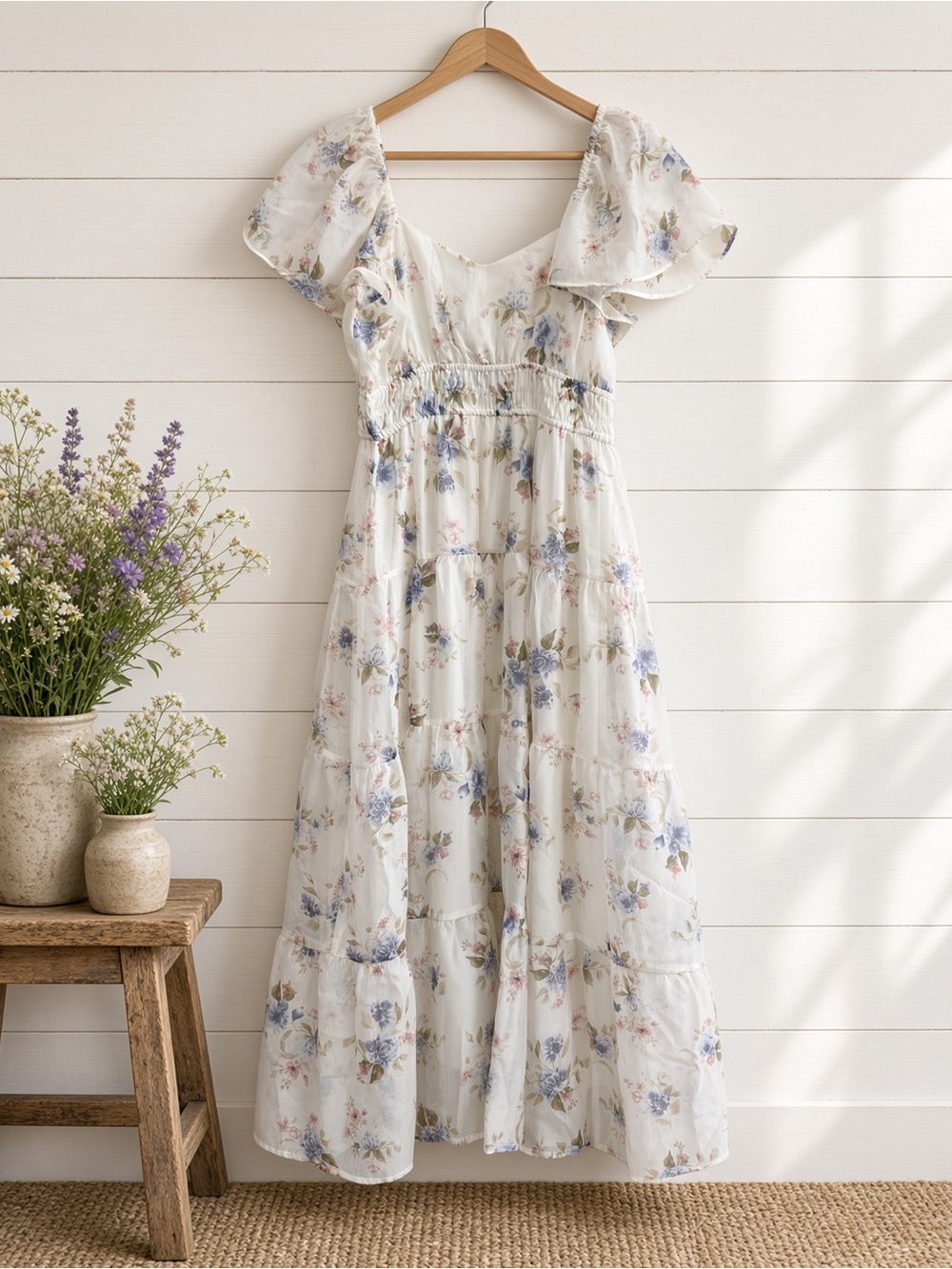 Floral Chiffon Flounce Sleeve Shirred Midi Dress Large
